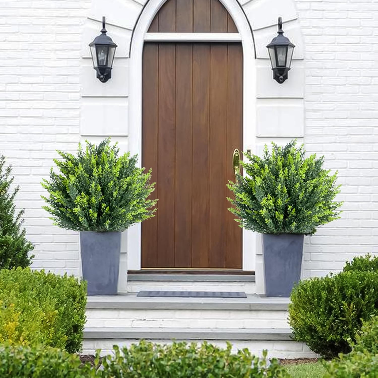 2/4 PCS Artificial Cypress Plant Decor Stakes with Ground Spike Faux Plant Decor