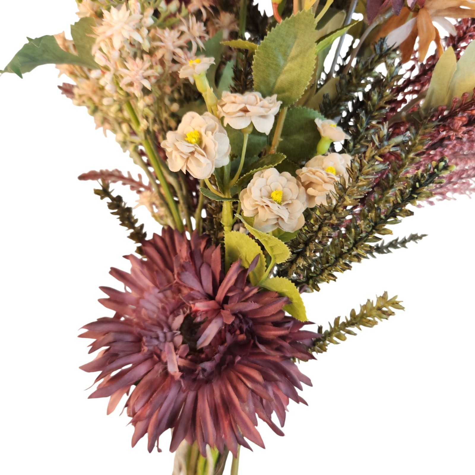 Hand Tied Artificial Flower Bouquet With Burgundy Purple Cream and Green Tones