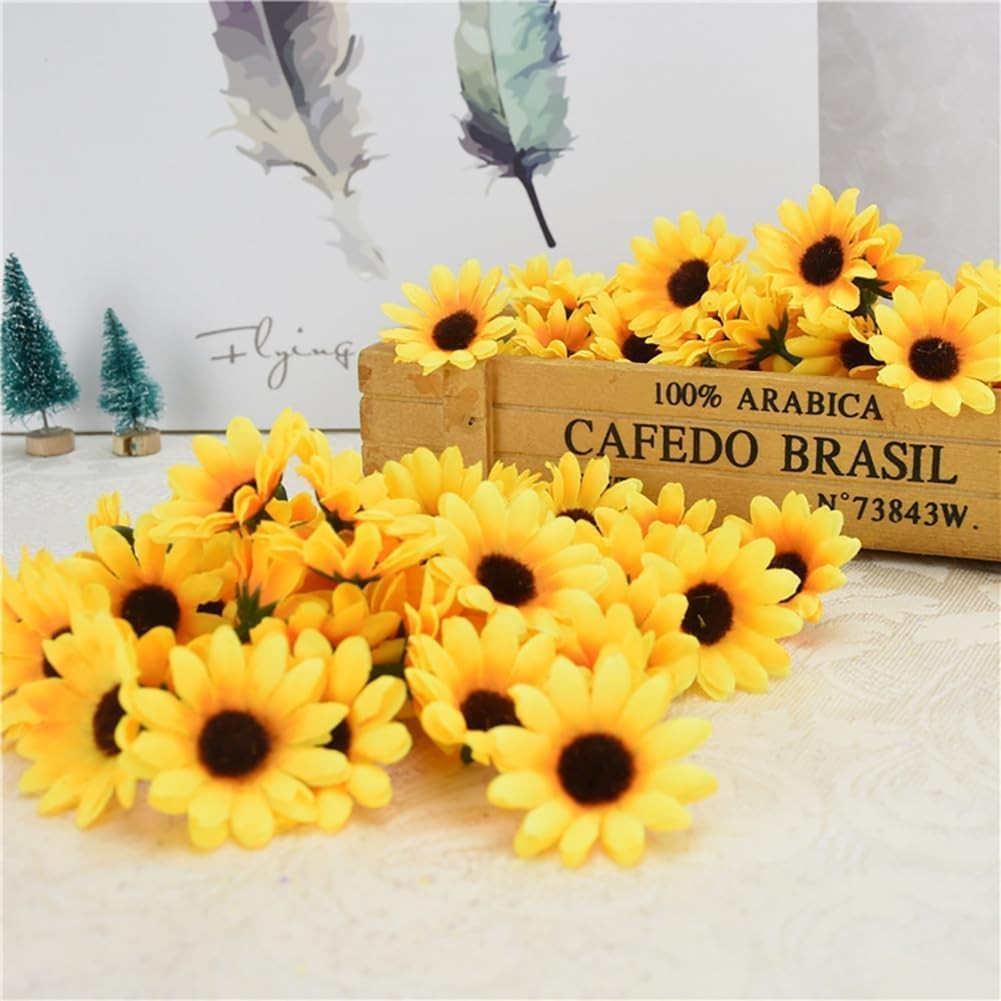 100Pcs Yellow Artificial Flower Heads Mini Fake Sunflower Decorative Fabric F…