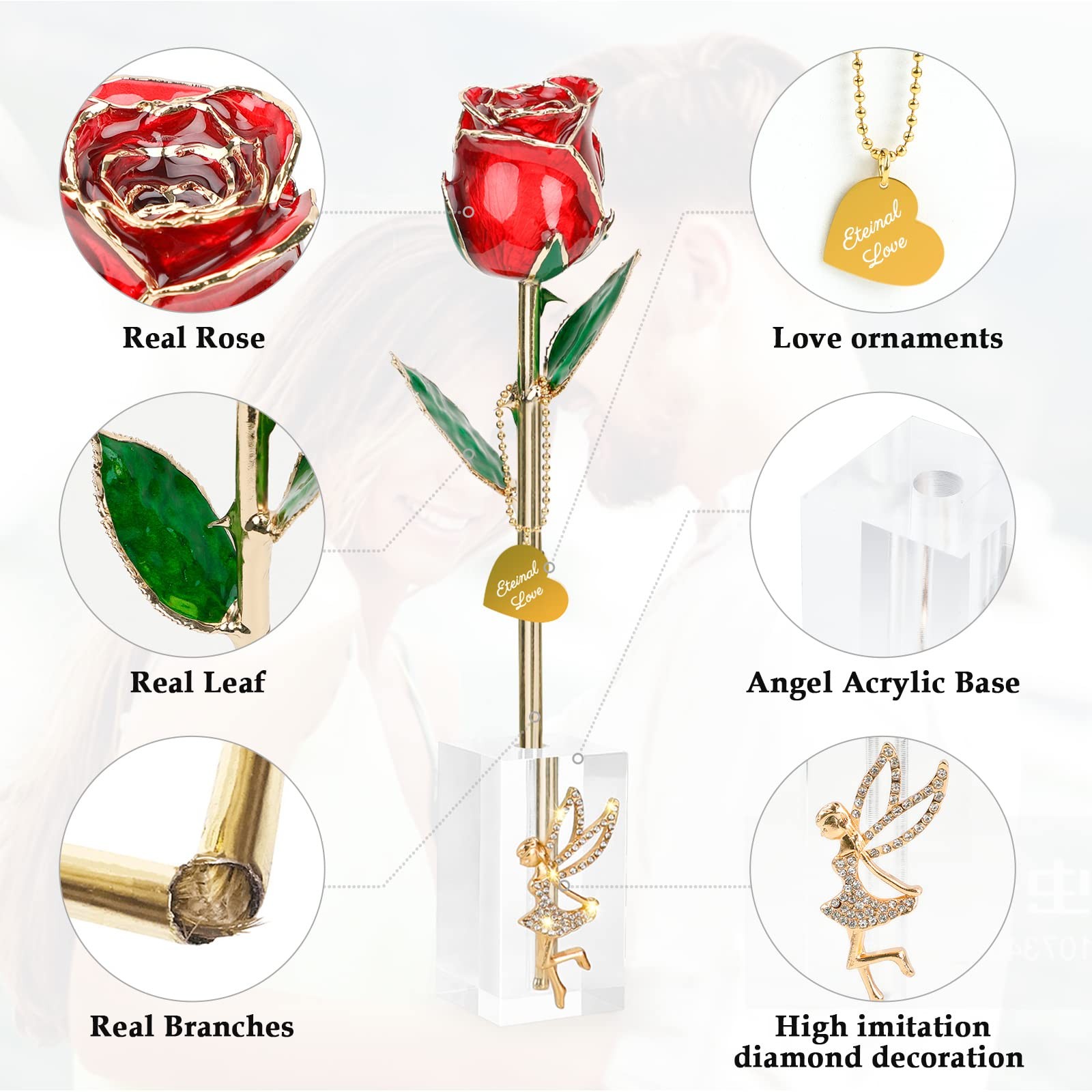 24k Gold Dipped Real Rose, for Mom/Women, Forever 24k Rose with Crystal Stand, H