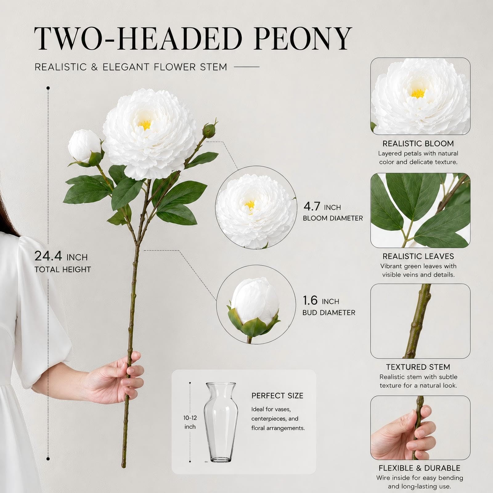 Peonies Artificial Flowers 5 Stems 24.4 Inch Large Fake Peony Bouquet with Do…