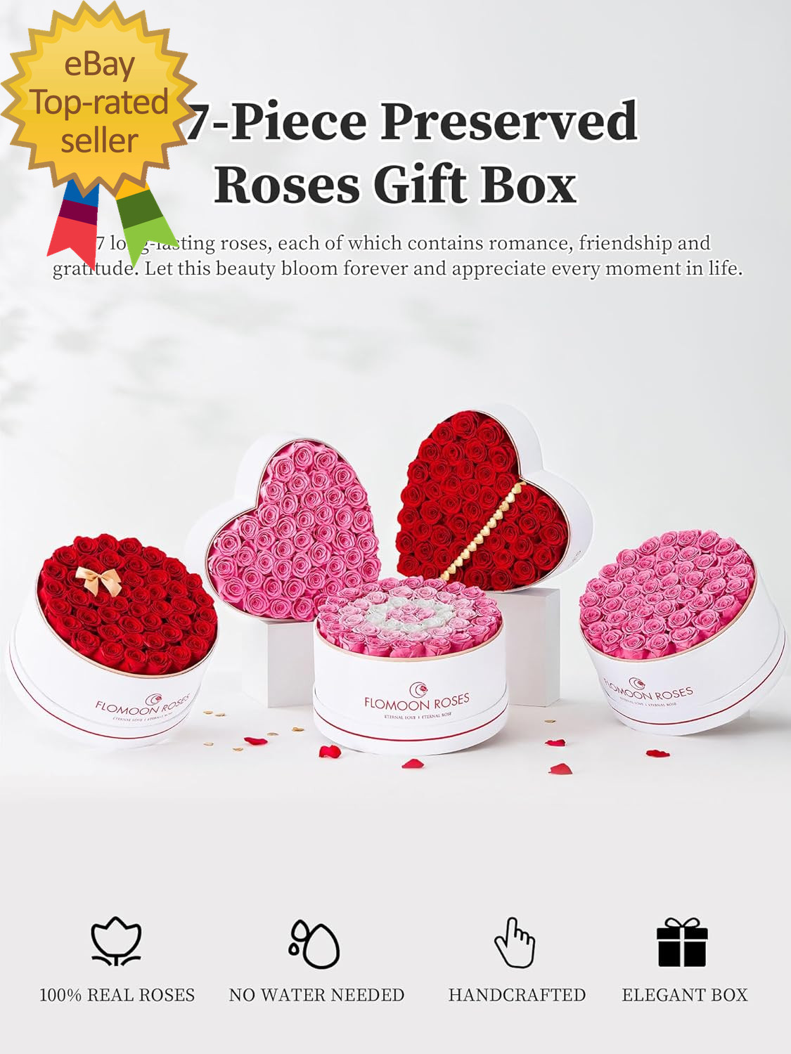 Preserved Roses 47-Piece Real Forever Flowers in White round Velvet Box Birthday
