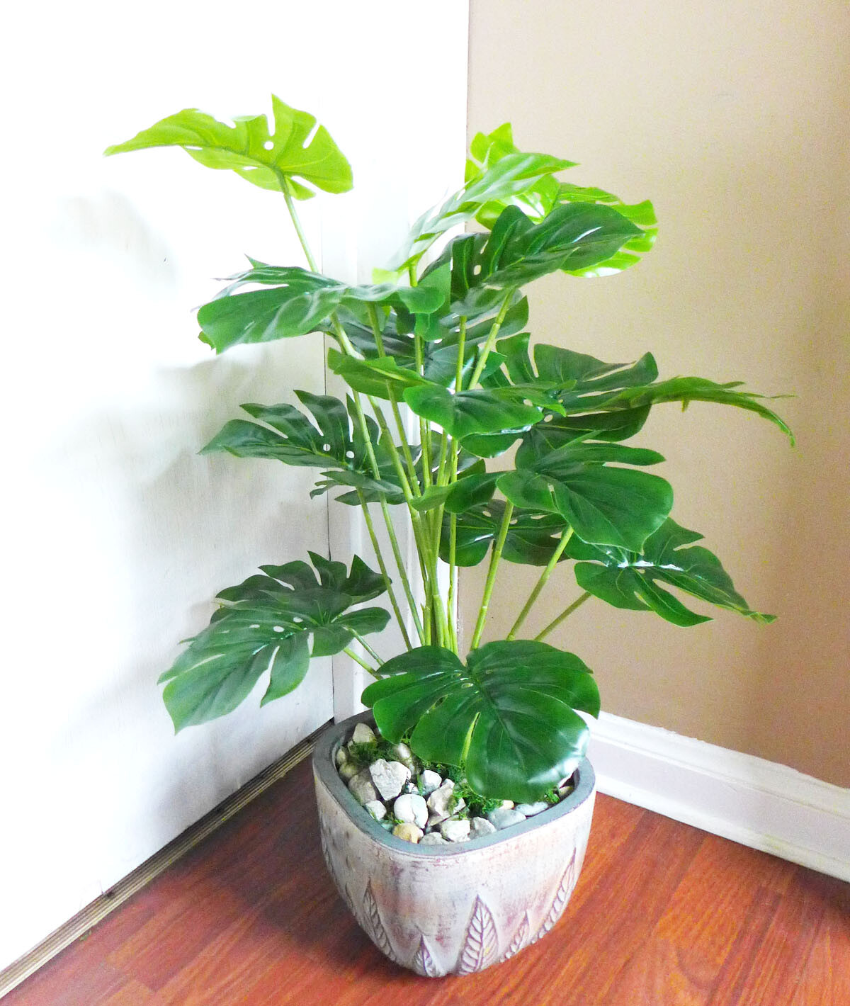 Artificial Monstera Plant 21″ Tall Palm Bush Tree Faux 18 Turtle Big Leaves