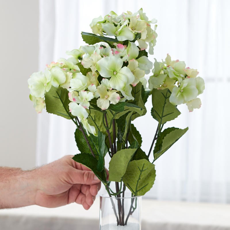 Factory Direct Craft Cream and Green Poly Silk Hydrangea Floral Bush