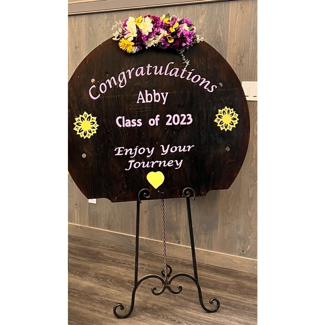 Floral Swag Purple Yellow White Green Faux Flowers Arch Curved Wood Sign Wedding