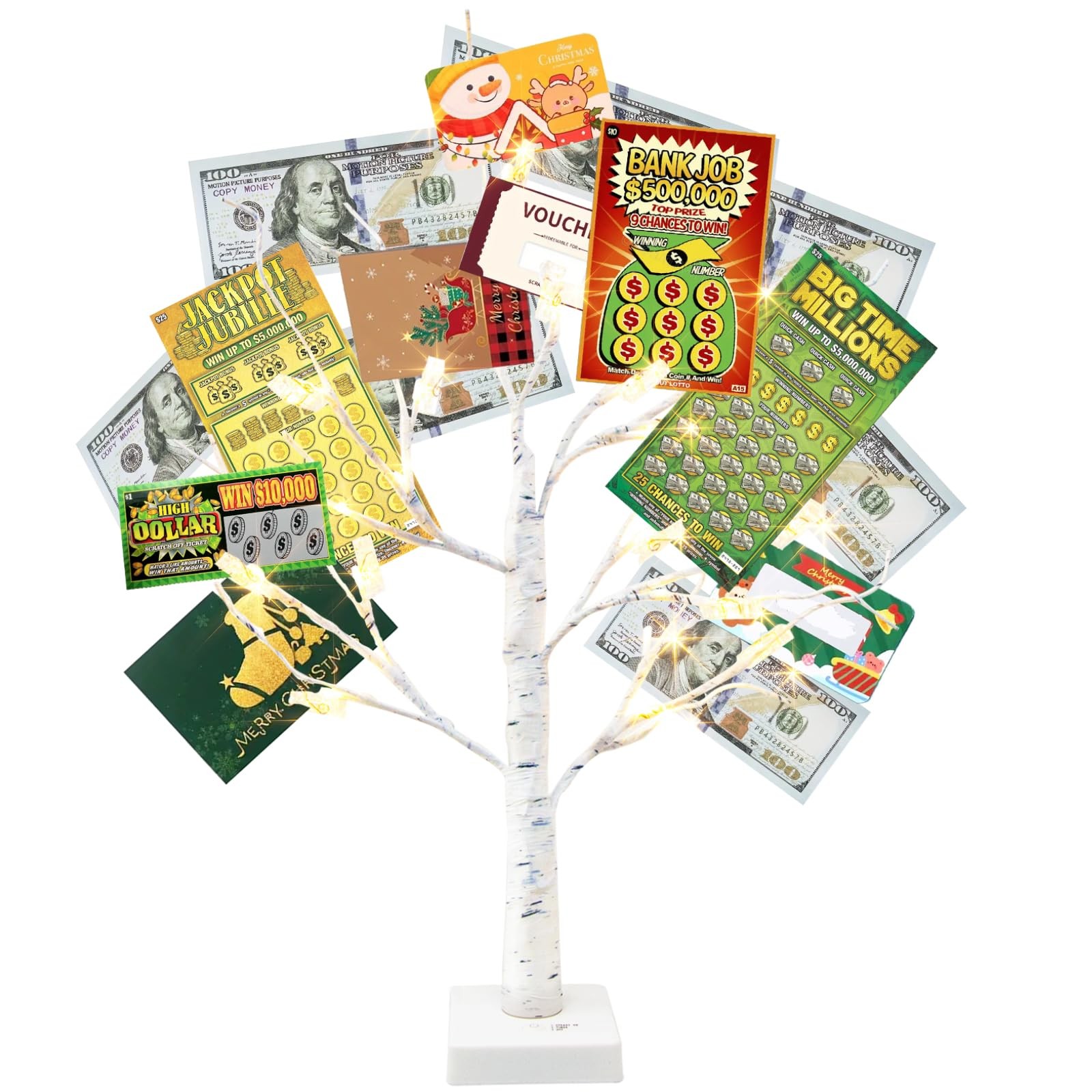 Money Tree Gift Holder, Lighted Tabletop Birch Tree with Clips and Greeting C…