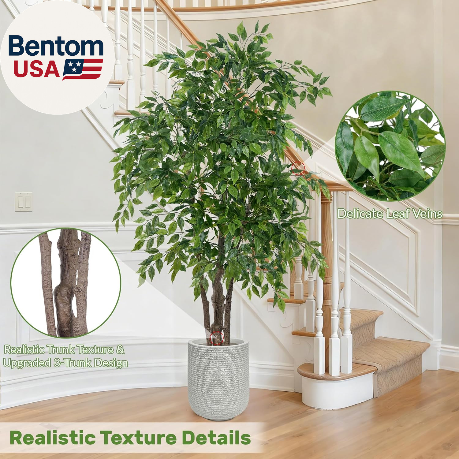 Ficus Tree Artificial with Triple Trunks, 5.5Ft Fake Ficus Tree in Black Pot, Ta