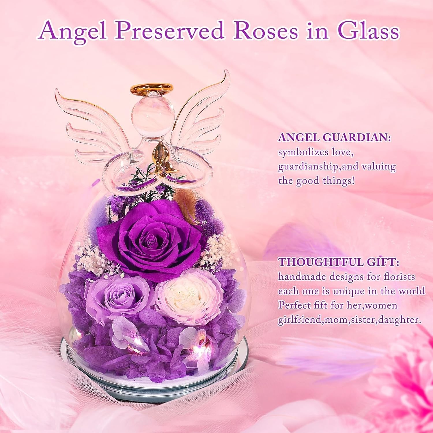 Gifts for Mom Women Birthday Preserved Rose in Glass Angel Figurine Forever F…