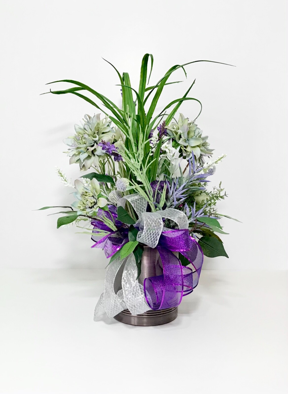 LARGE PURPLE GREEN FLORAL SPRING ARRANGEMENT BRONZE METAL CONTAINER CENTERPIECE