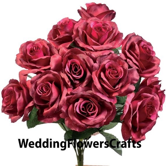 12 Burgundy Maroon Wine Colored 4″ Open Roses Artificial Silk Flowers Fake Faux