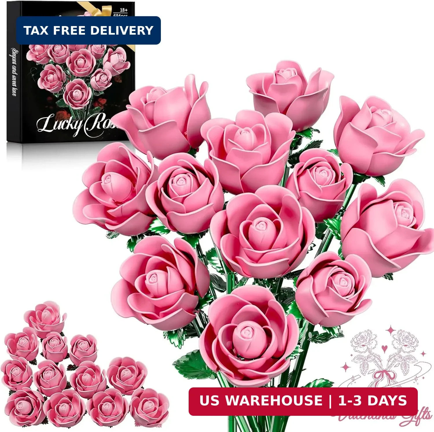 Pink Rose Bouquet Building Set for Girls & Boys – 12 Pack Botanical Collection G