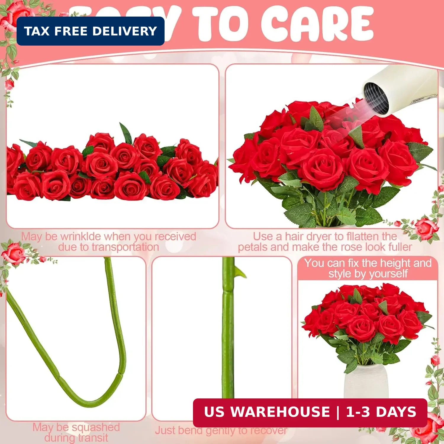 24 Pcs Red Rose Artificial Flowers with Long Stem Real Touch Silk Plastic Bouque