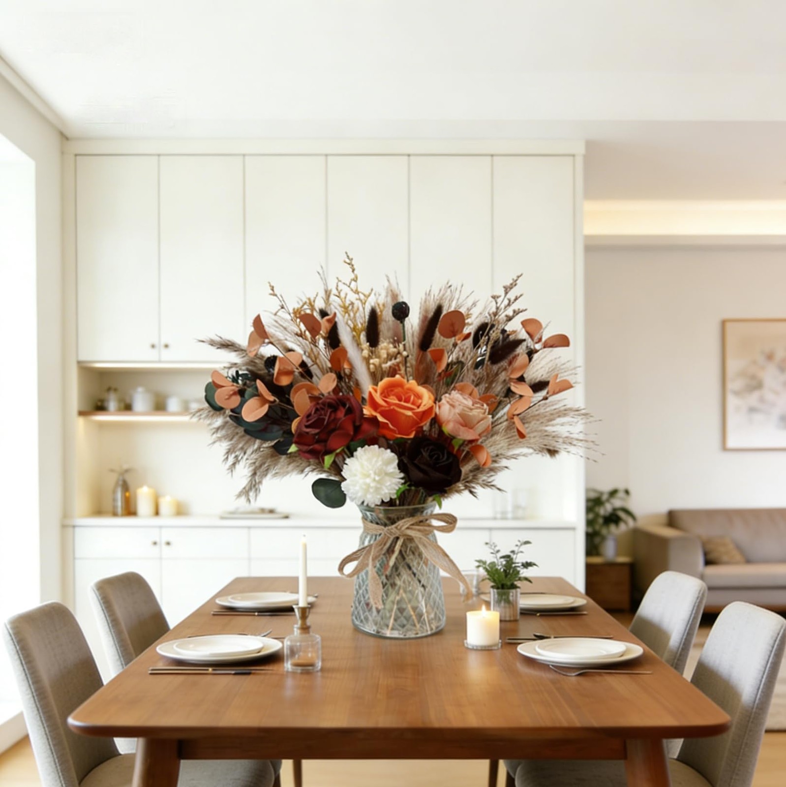 Orange Artificial Fake Flowers In Vase Faux Dried Pampas Grass Floral