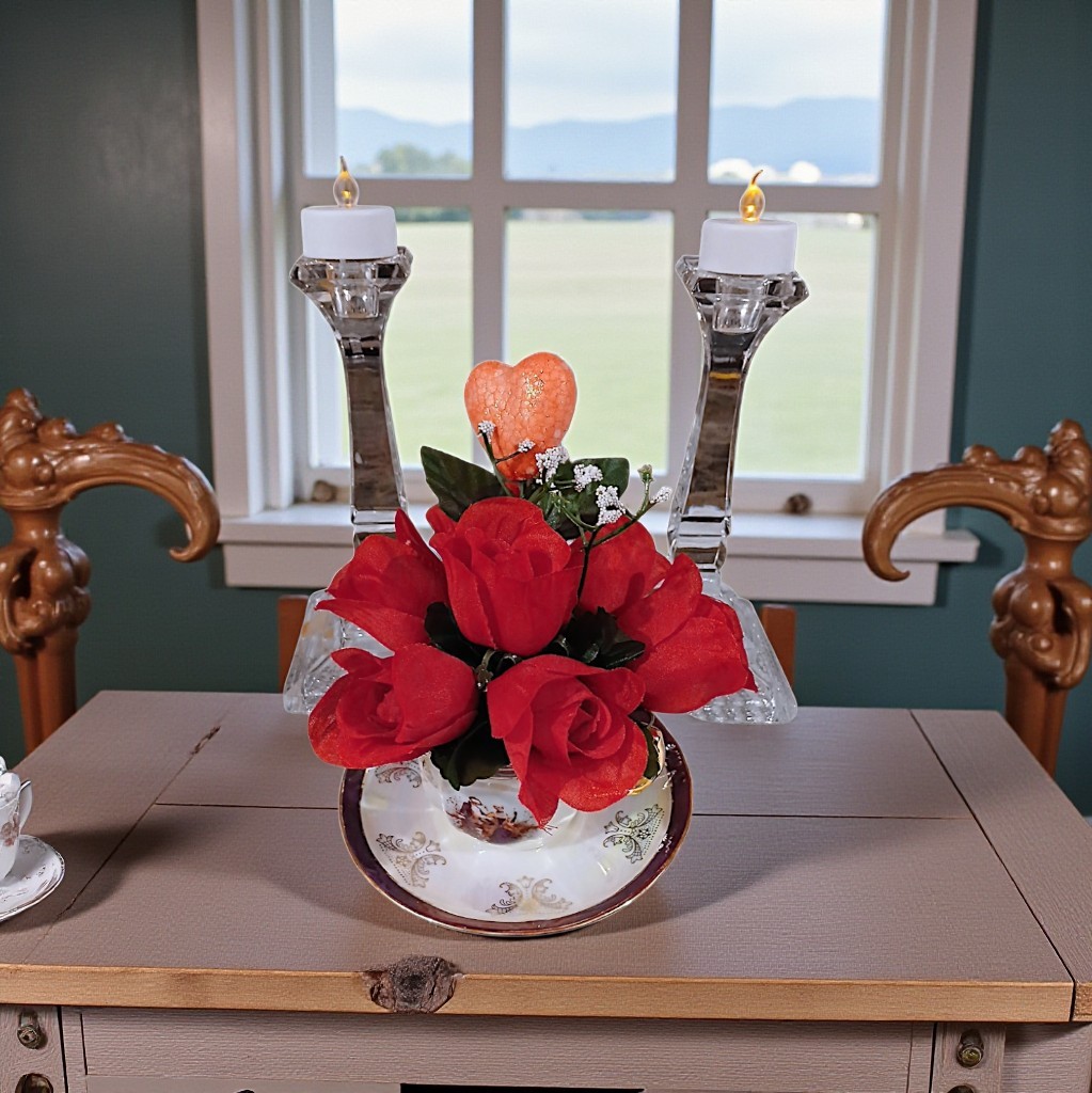 Red Rose Floral Arrangement Tea Cup POP-IN Sparkle Heart Bridal Valentine Love