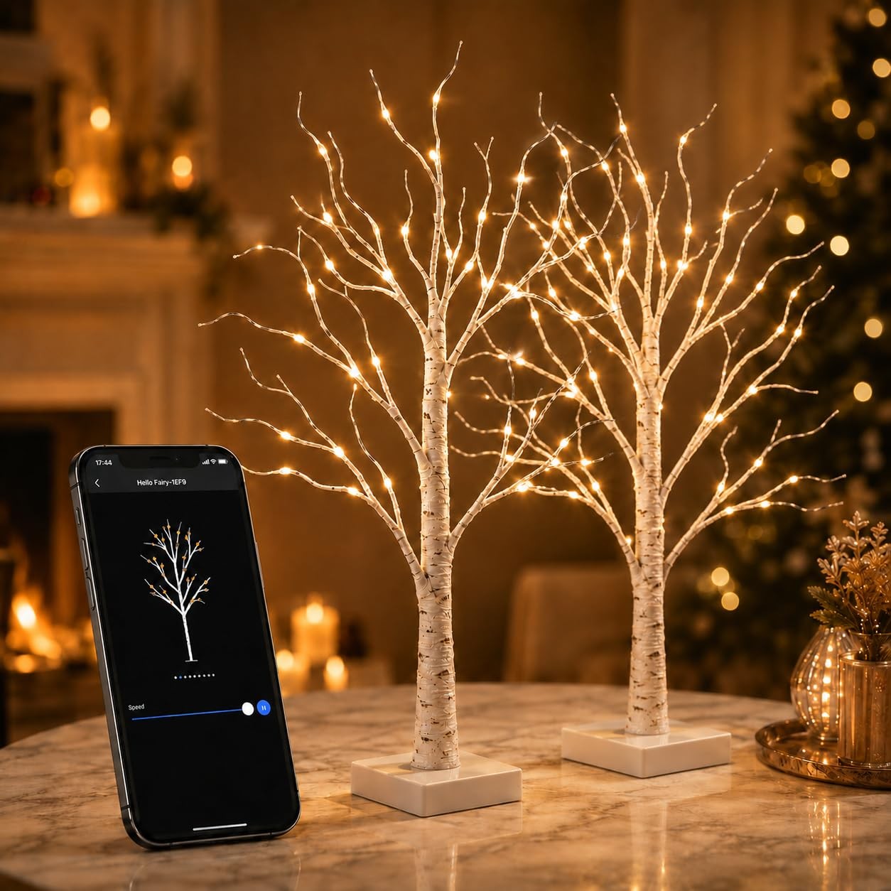 2 PCS 2FT Birch Tree With Lights LED Table App Control Warm White Fairy USB