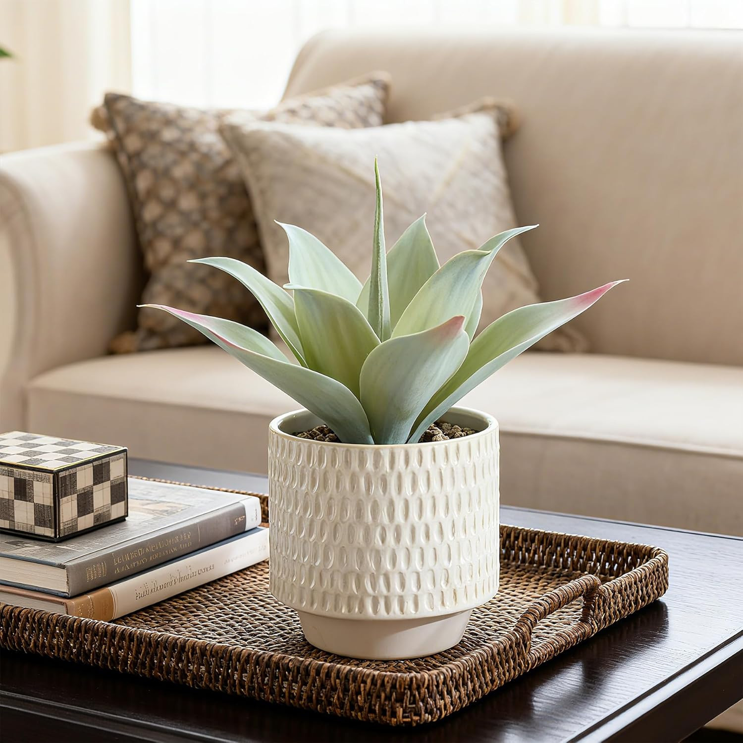 Realistic 11.8″ Artificial Agave Plant in Ceramic Pot for Home Decor