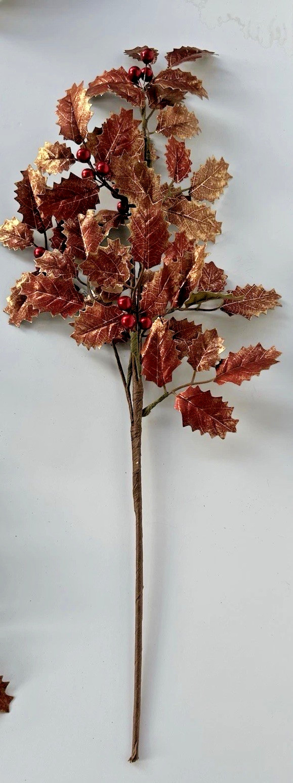 Copper Red Holly Spray 25″L Metallic Leaves Berries Stem Artificial Christmas