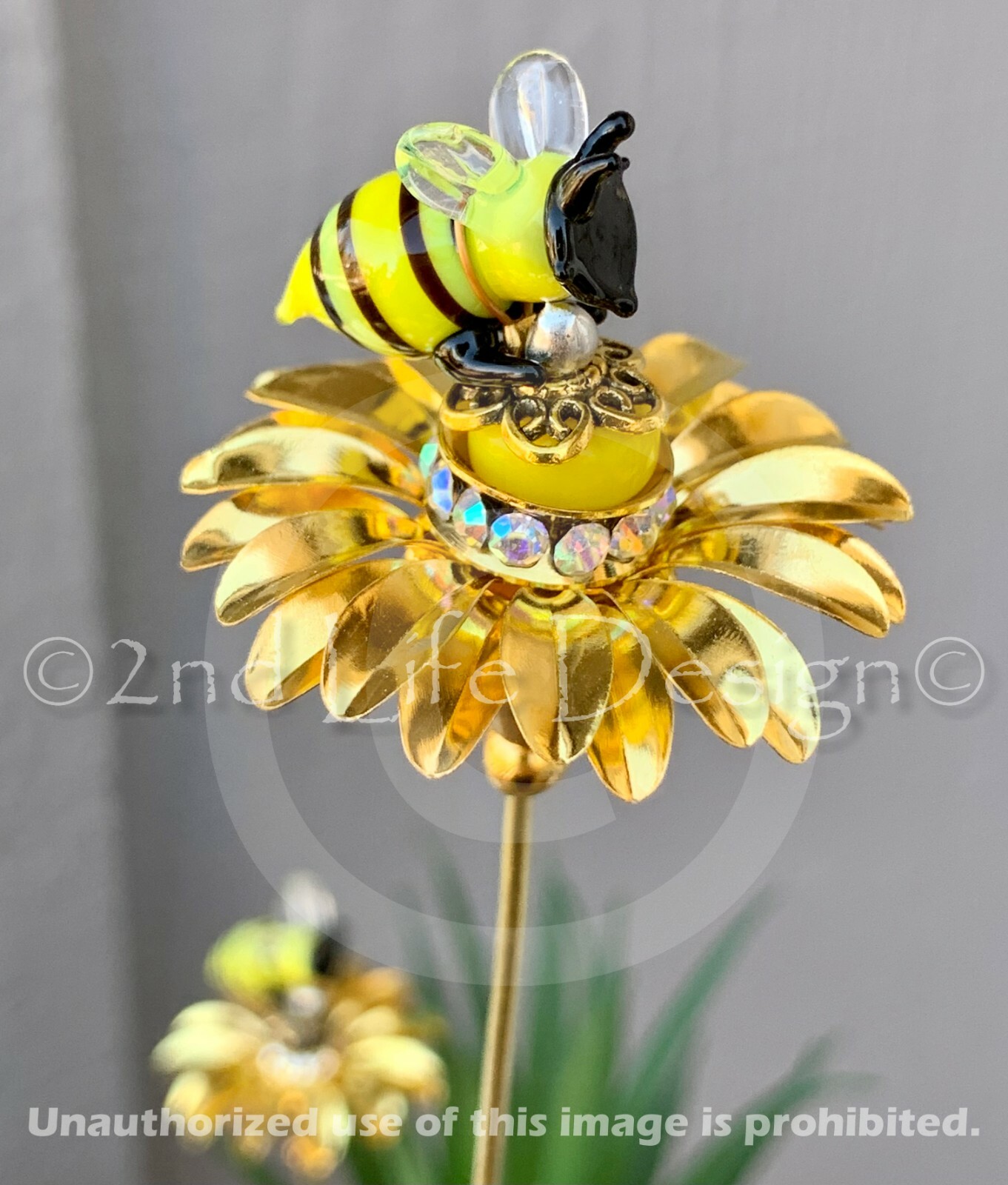 Glass Honey/Bumble Bee Gold Flower Decor Plant Stake/Spike Exquisite US HANDMADE