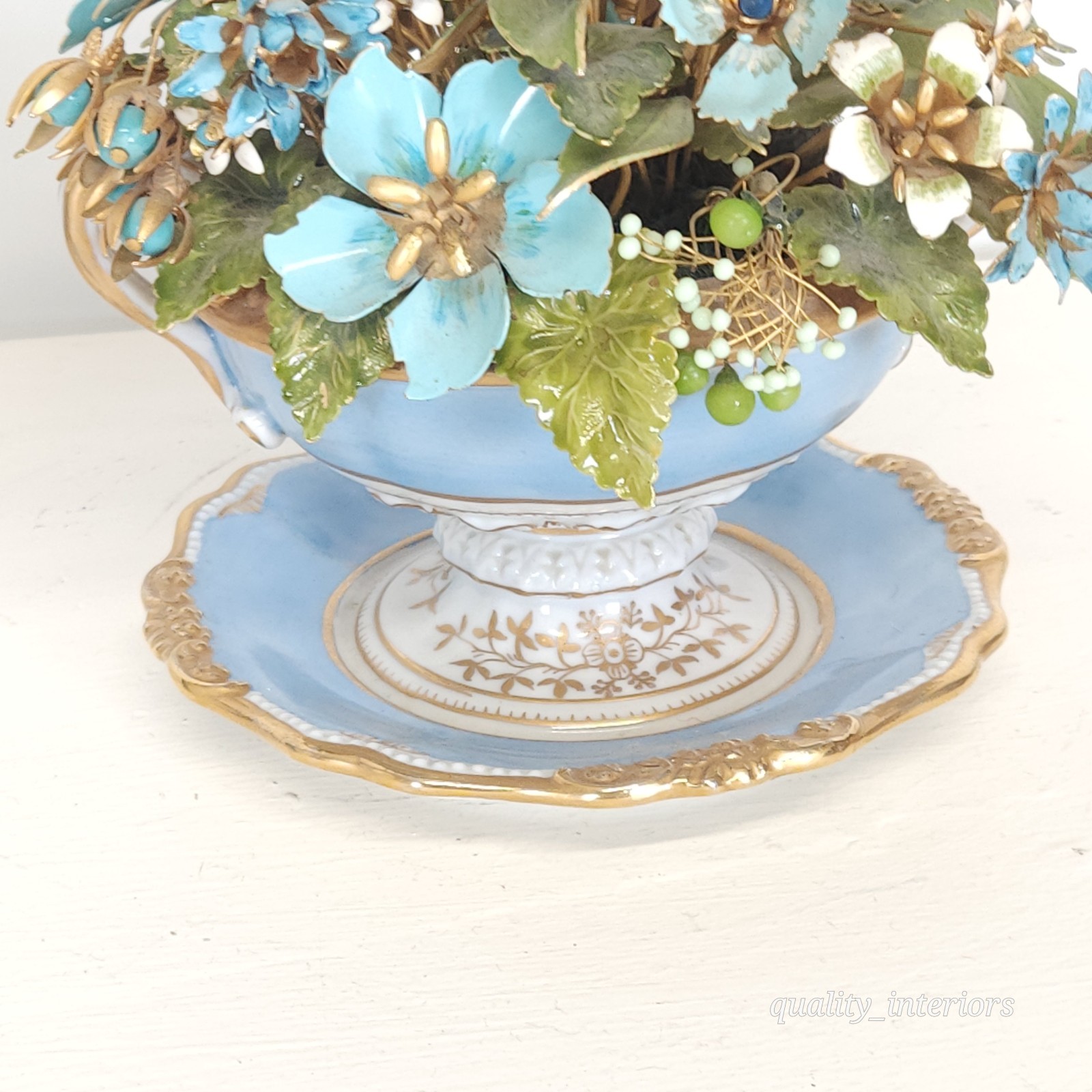 Pair Jane Hutcheson for Gorham Blue 2 Handled Teacup & Saucer Floral Arrangement