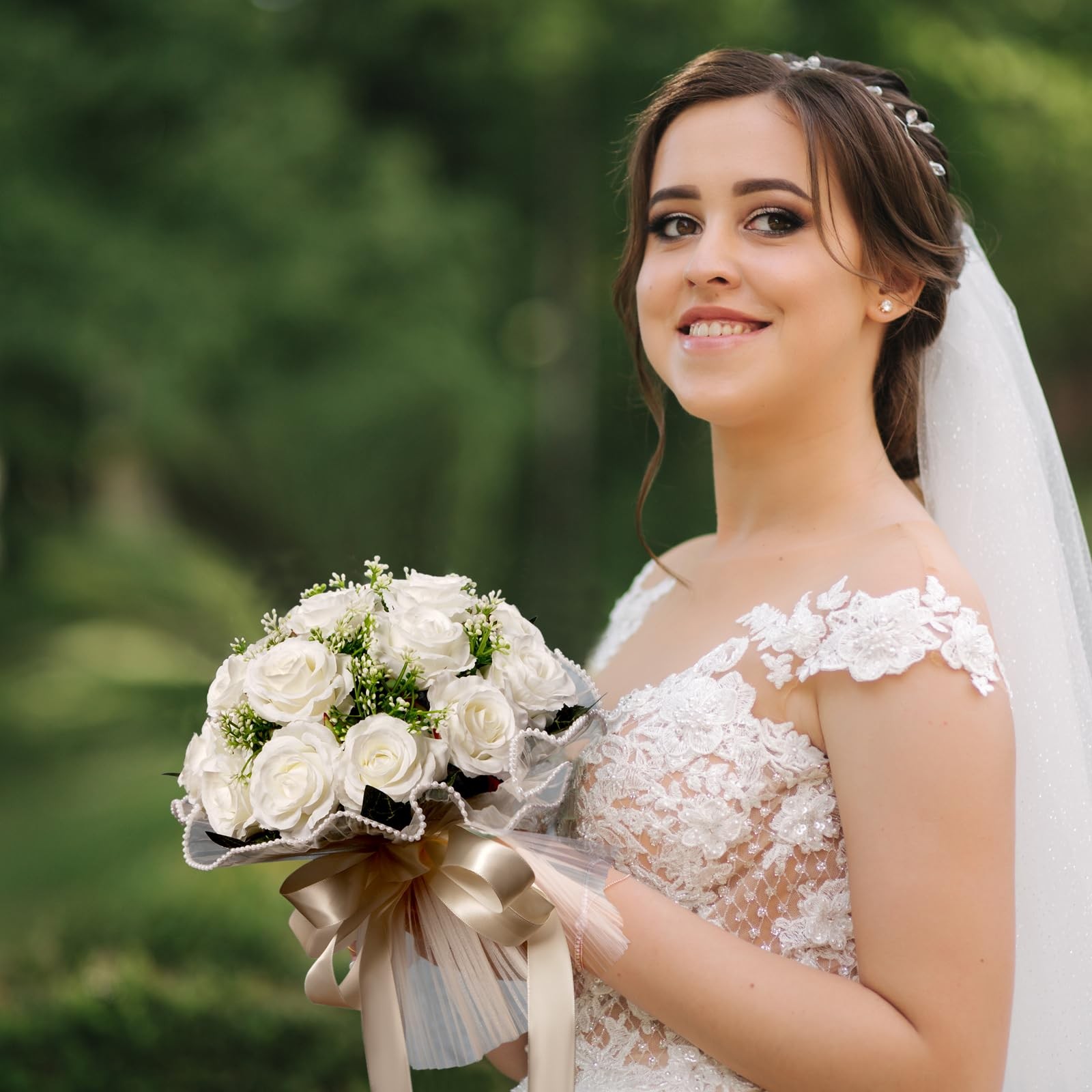 Ivory White Bridal Wedding Bouquet Bridesmaid Flowers Artificial Toss Rose Silk