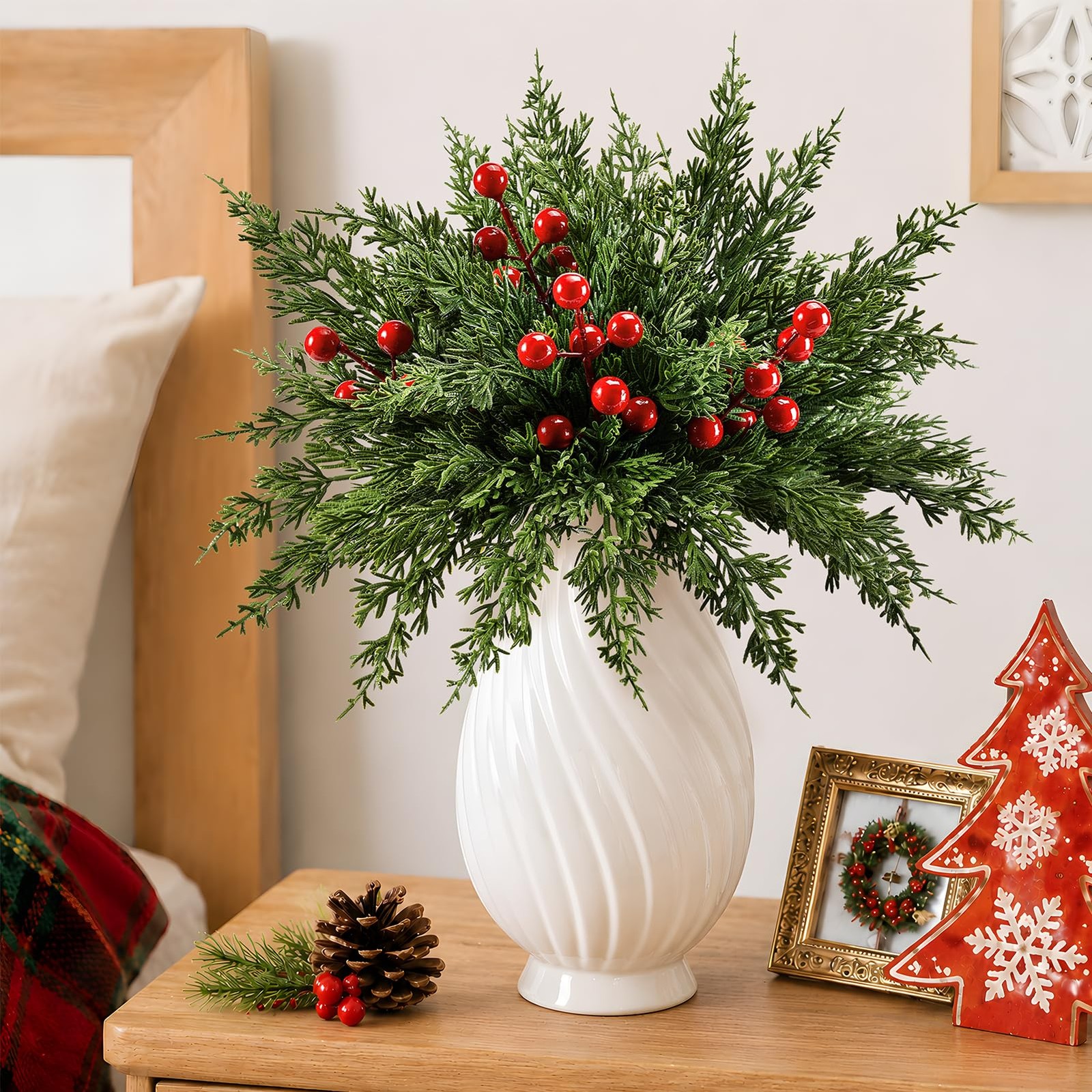 45PCS Artificial Christmas Pine Branches with Red Berry Stems