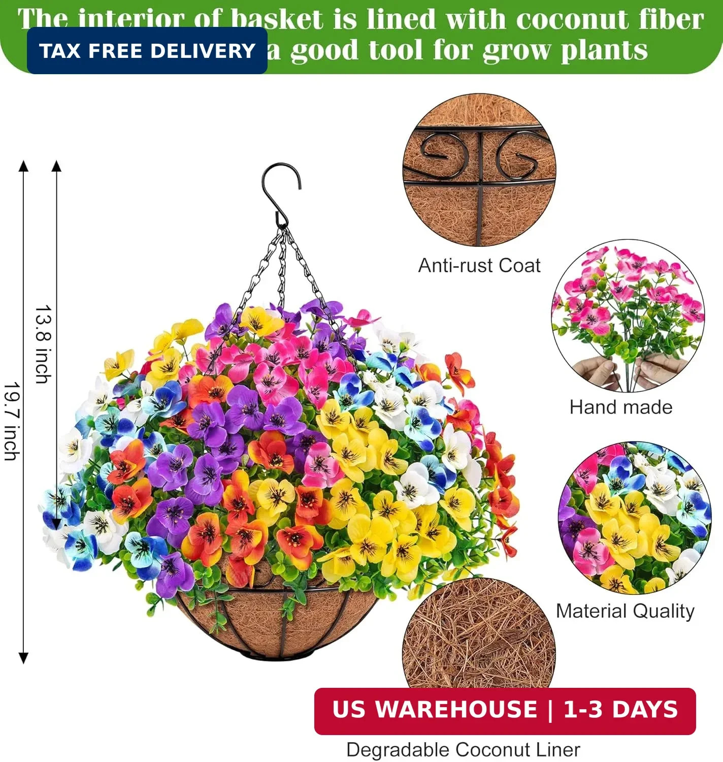 Artificial Hanging Flowers with Baskets for Outdoors, Fake Silk Pansy Flowers UV