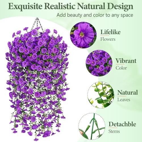 Artificial Flowers for Outdoors, Fake Hanging Flowers for 2 Pack Purple