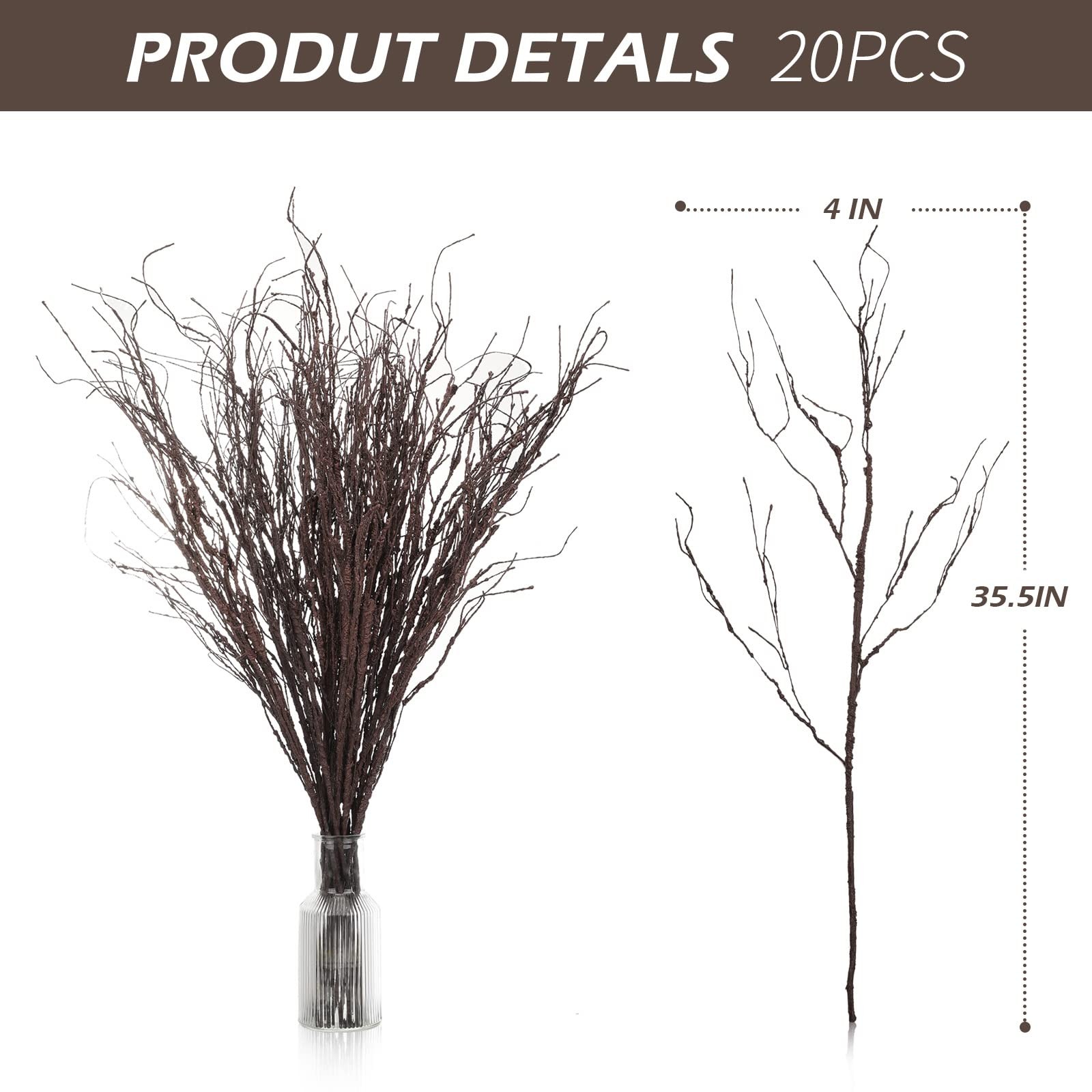 20 PCS Artificial Curly Willow Twigs 35.4 Inch Dark Brown For Vase Decor
