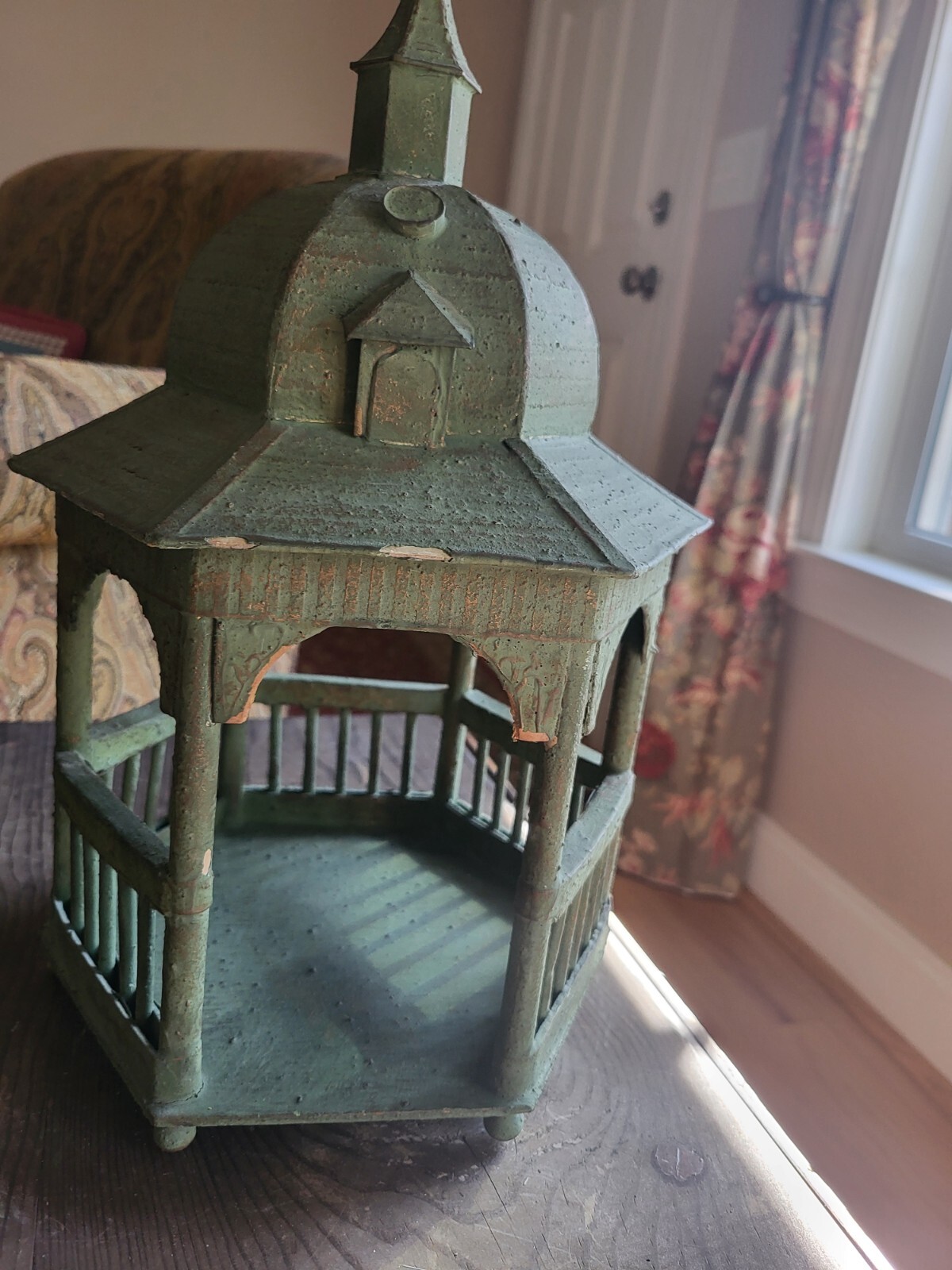 Vintage Decorative Gazebo Style Wooden Green Paper Mache Garden Decor Patina 15″