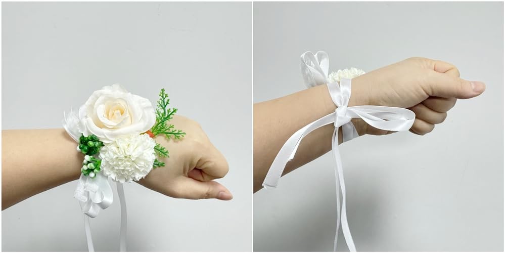 Rose White Flower Corsage and Boutonniere Set 2,Handmade Silk Flower Corsage …