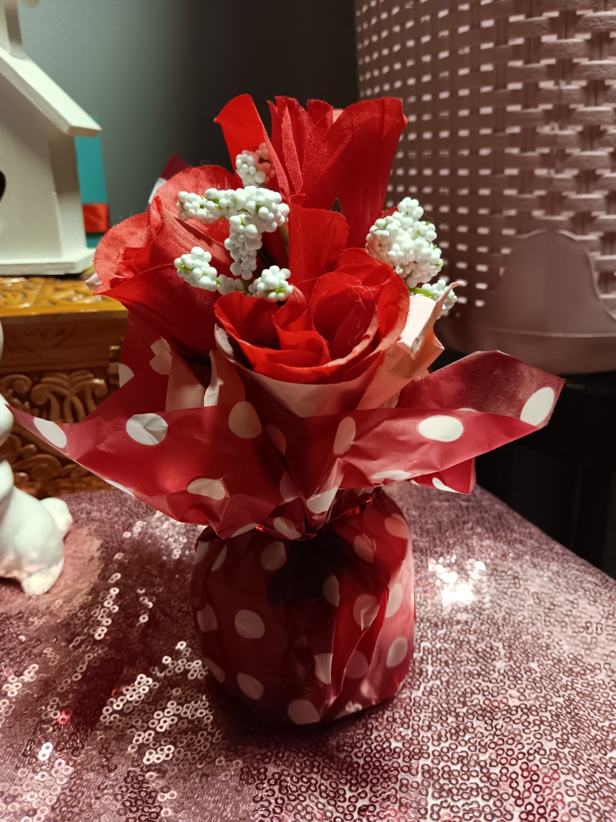 Artificial Red and White Flower Bouquet Arrangement in Polka Dot Wrap