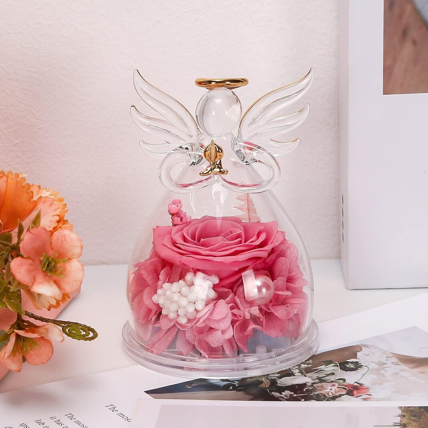 Angel Rose in Glass Preserved Real Rose in Glass Angel Figurine Birthday Gift