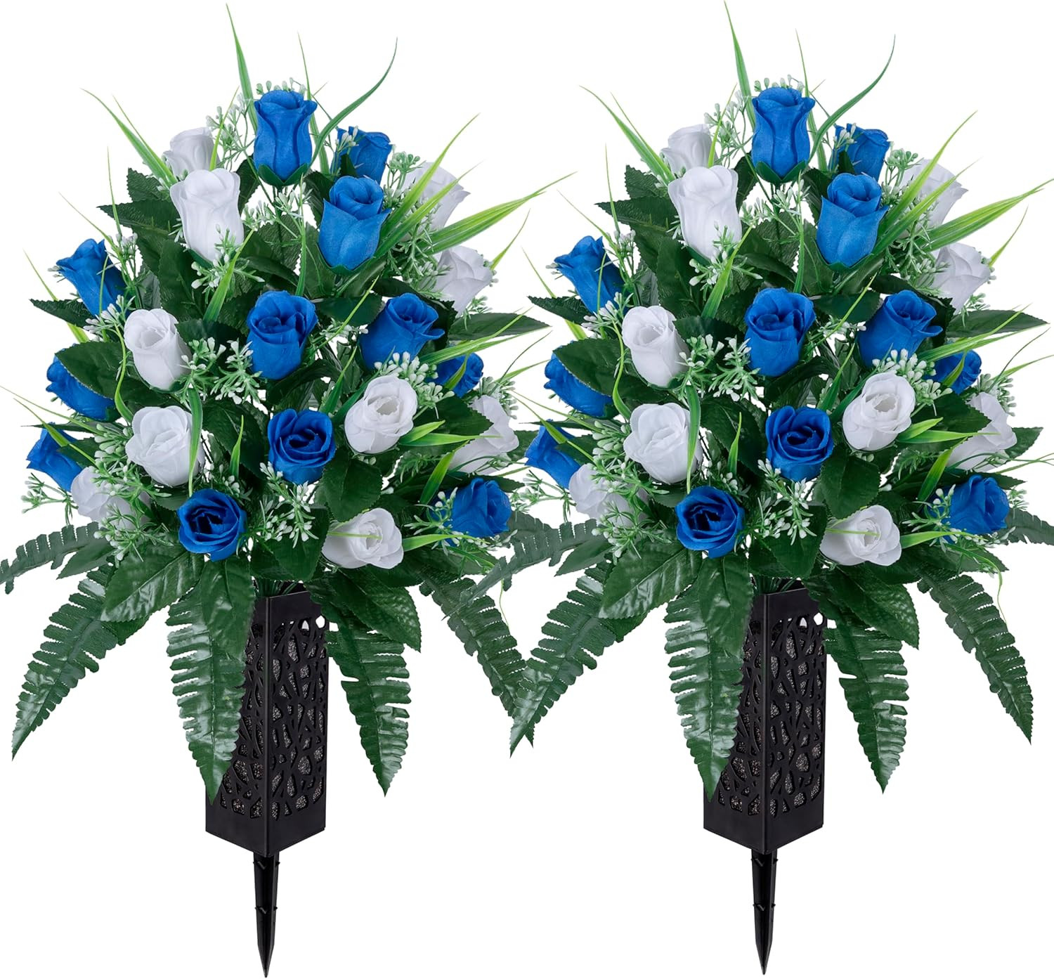 Elegant Artificial Cemetery Flowers with Vase – Lasting White & Dark Blue Bouque