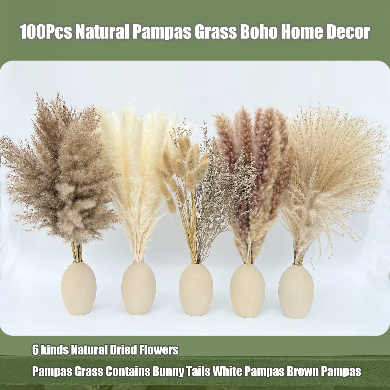 100Pcs Pampas Grass Boho Home Decor 17 inch 100, Off-white,beige,brown,grey