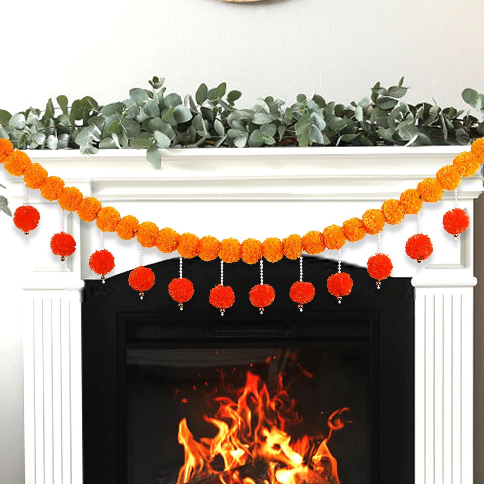 Diwali Artificial Marigold Garland with Pearls for Mantel, Pendant for Home I…