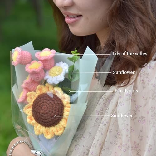 Handmade Crochet Flower Bouquet – Sunflower, Daisy & Lily – Faux Plants Home Dec