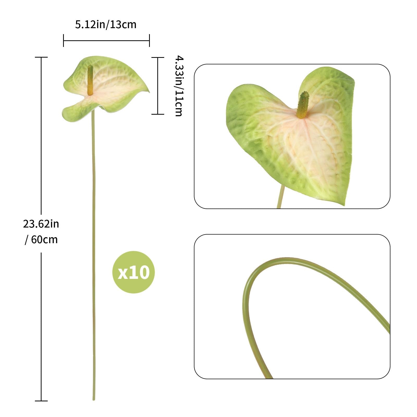 Green Anthurium Artificial Flowers Fake Tropical Real Touch 23.6″ 10 PCS