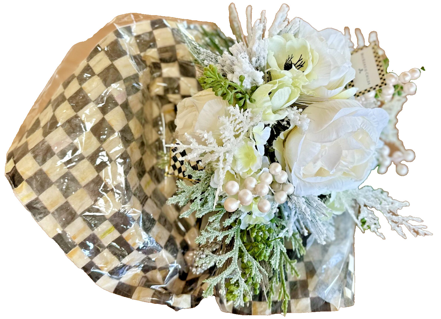 Lrg Winter White MacKenzie Childs Rose Bouquet Courtly Checks Cello Wrap w/ Tag