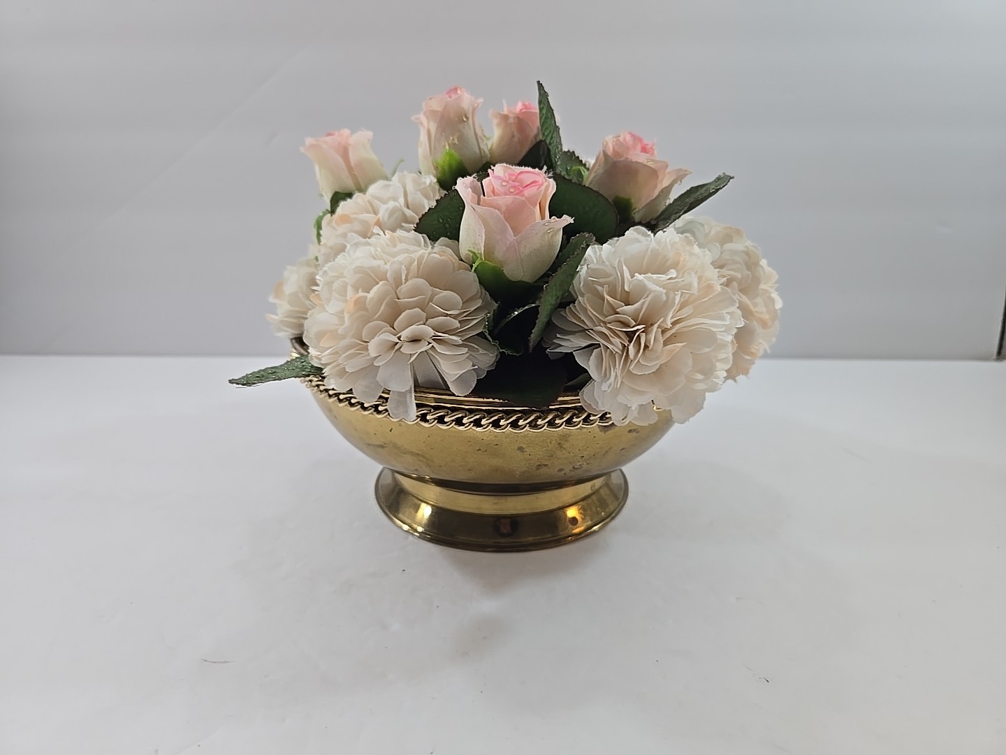 Vintage Silk Floral Arrangement in Footed Brass Planter Pot England 7″