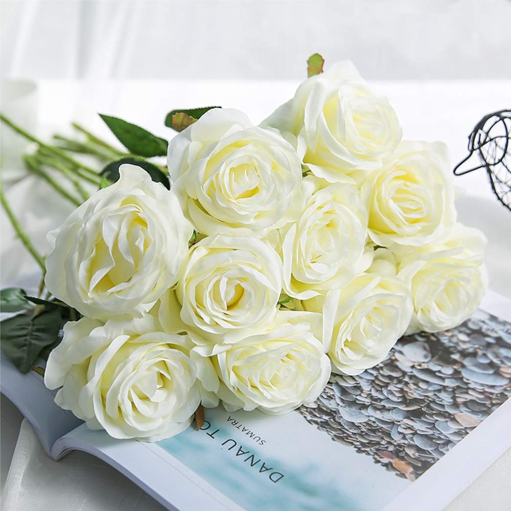 12PCS Artificial Silk Flowers Realistic Roses Bouquet Long Stem for Home Wedd…