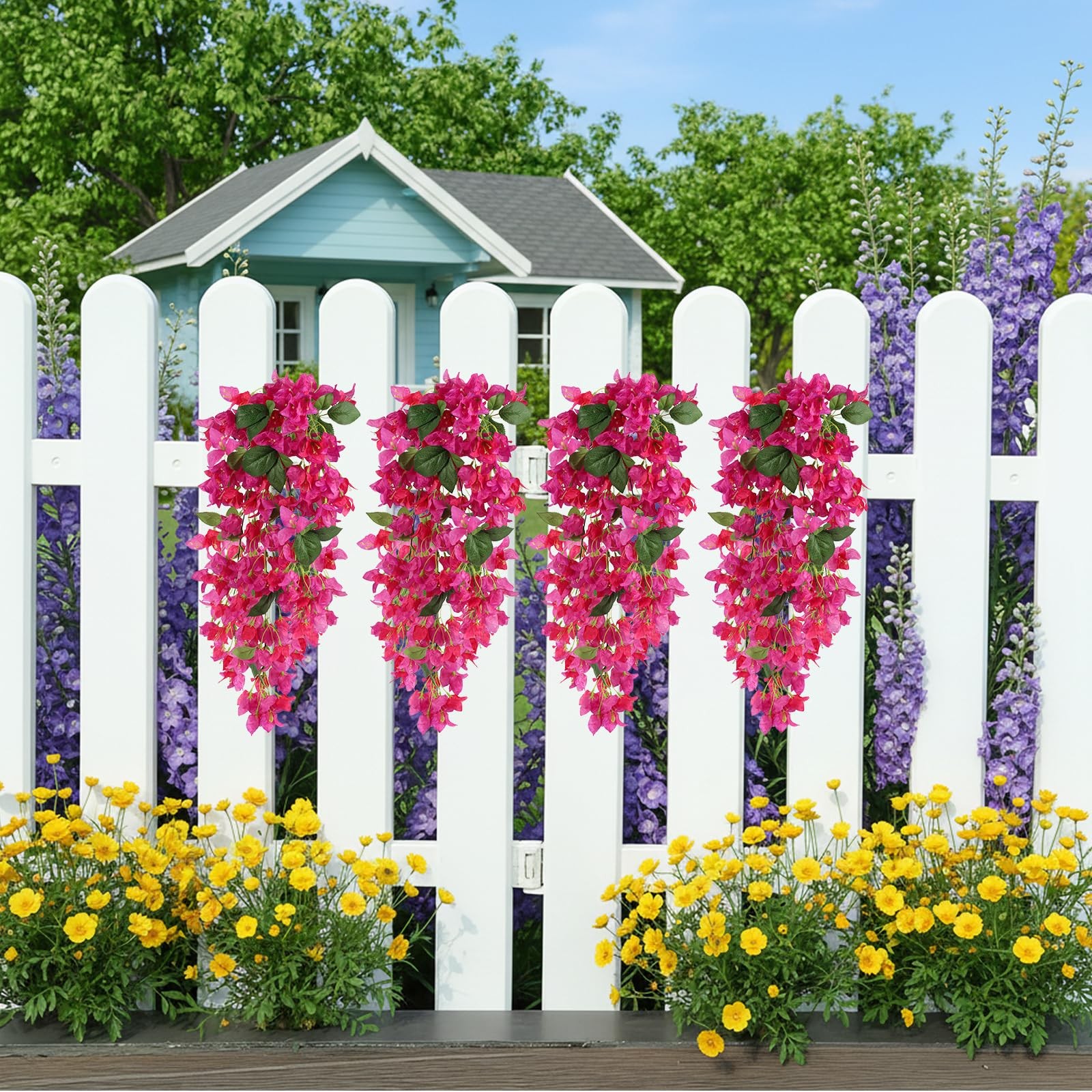 2Pcs Artificial Bougainvillea Hanging Flowers for Outdoor, 30in Silk Faux Pla…