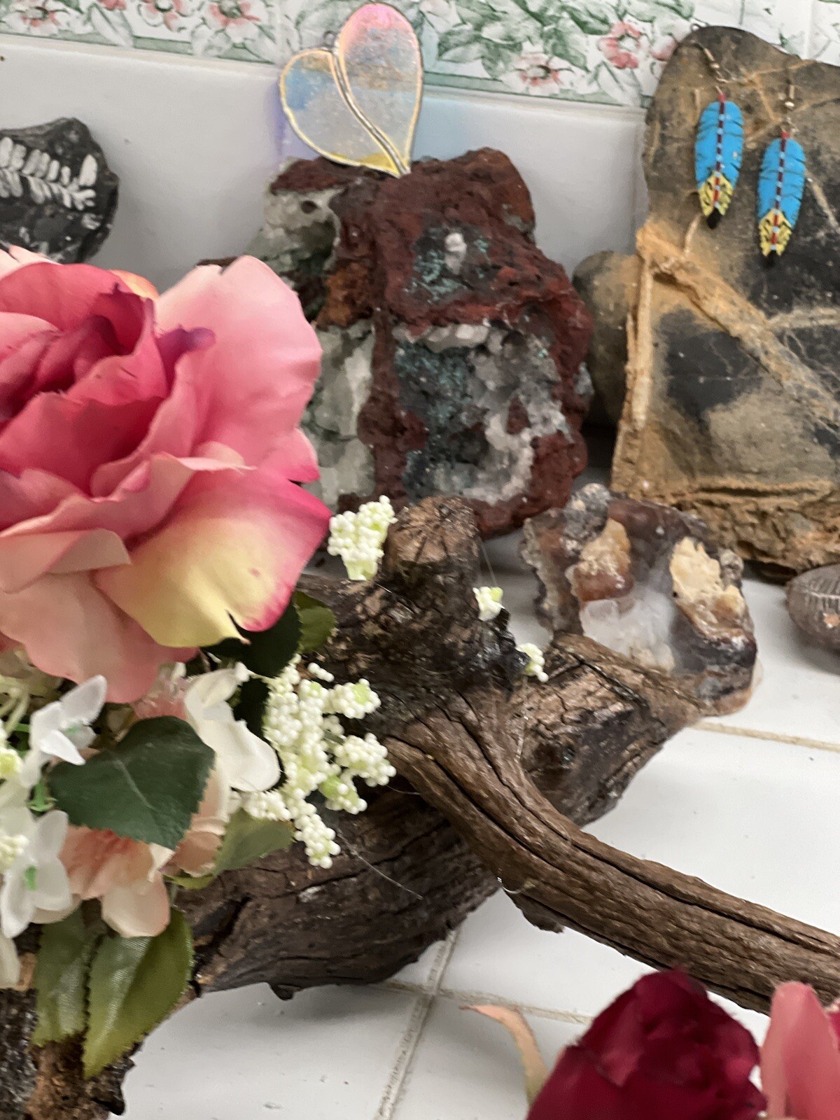 ORIGINAL FLORAL DESIGN WOOD BASE, ROSES, PEACH BLOSSOMS MOSSES BABY BREATH