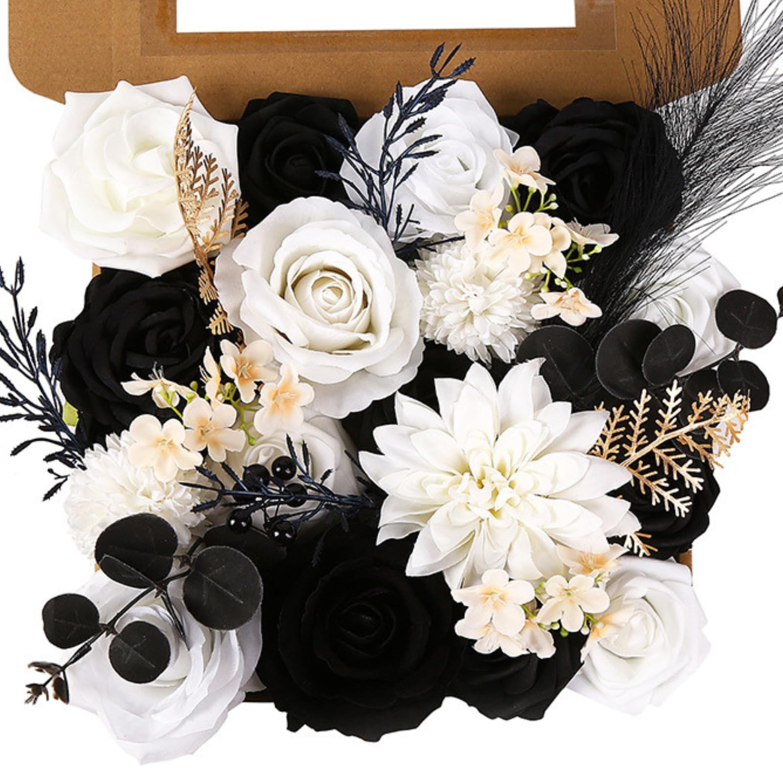 Black White Flowers Artificial Combo Set Mix Silk Flowers Dahlia Roses with S…