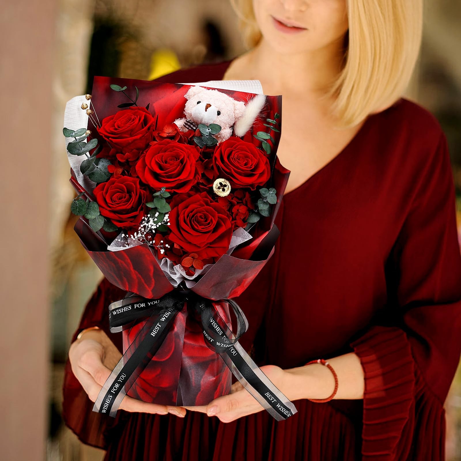 Red 5 Real Roses Preserved Flowers Bouquet Bear Gift Box Anniversary Women