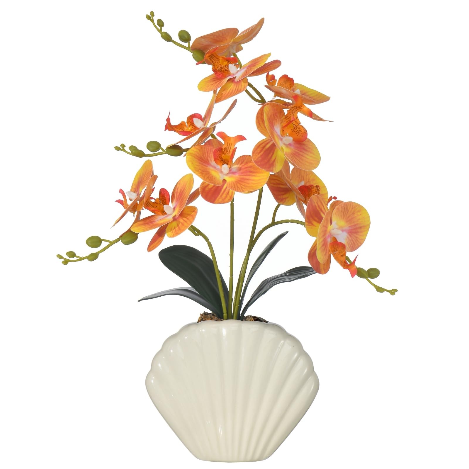 Artificial Phalaenopsis Orchid Plant in Seashell Pot, 16″ Fake Orchid Flowers…