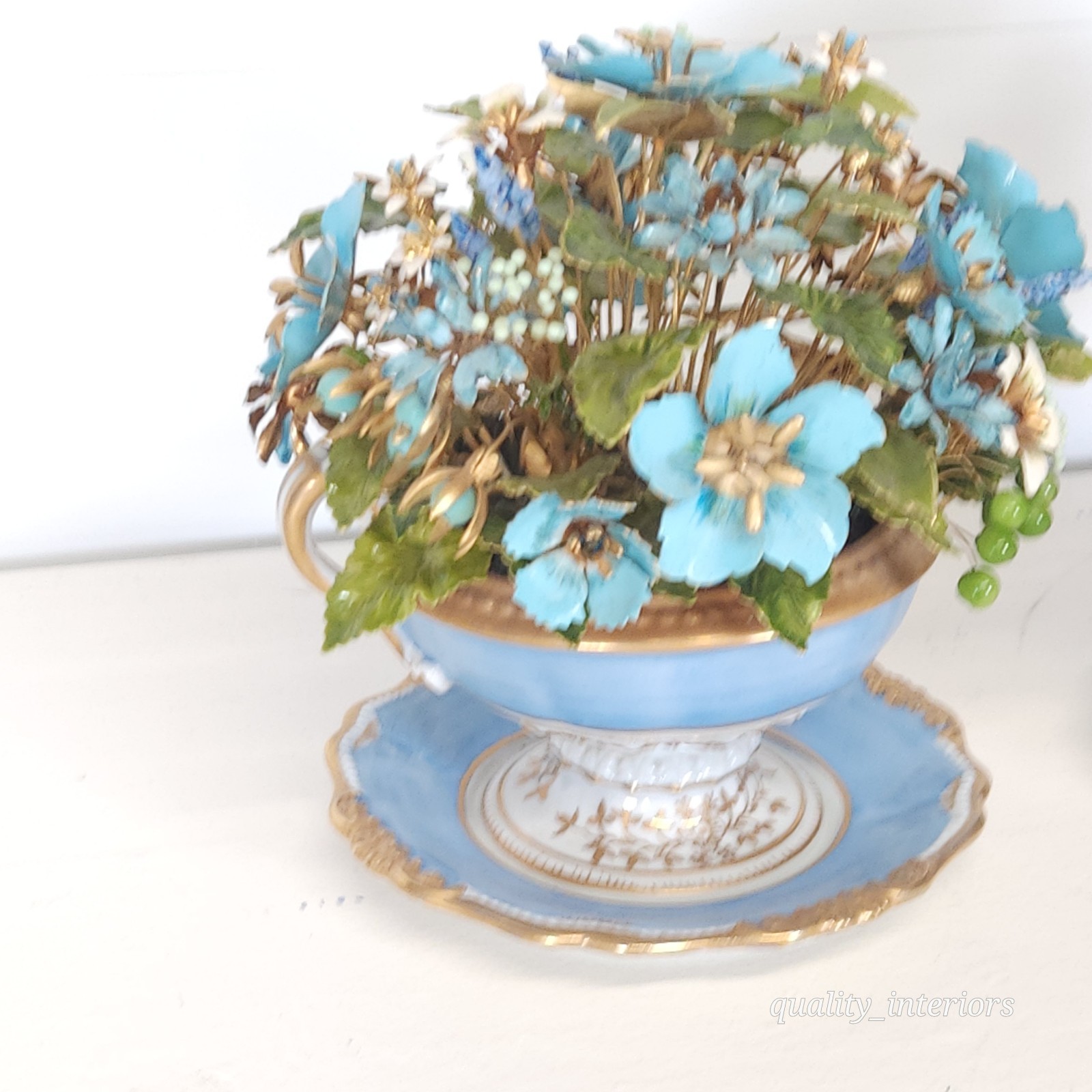 Pair Jane Hutcheson for Gorham Blue 2 Handled Teacup & Saucer Floral Arrangement