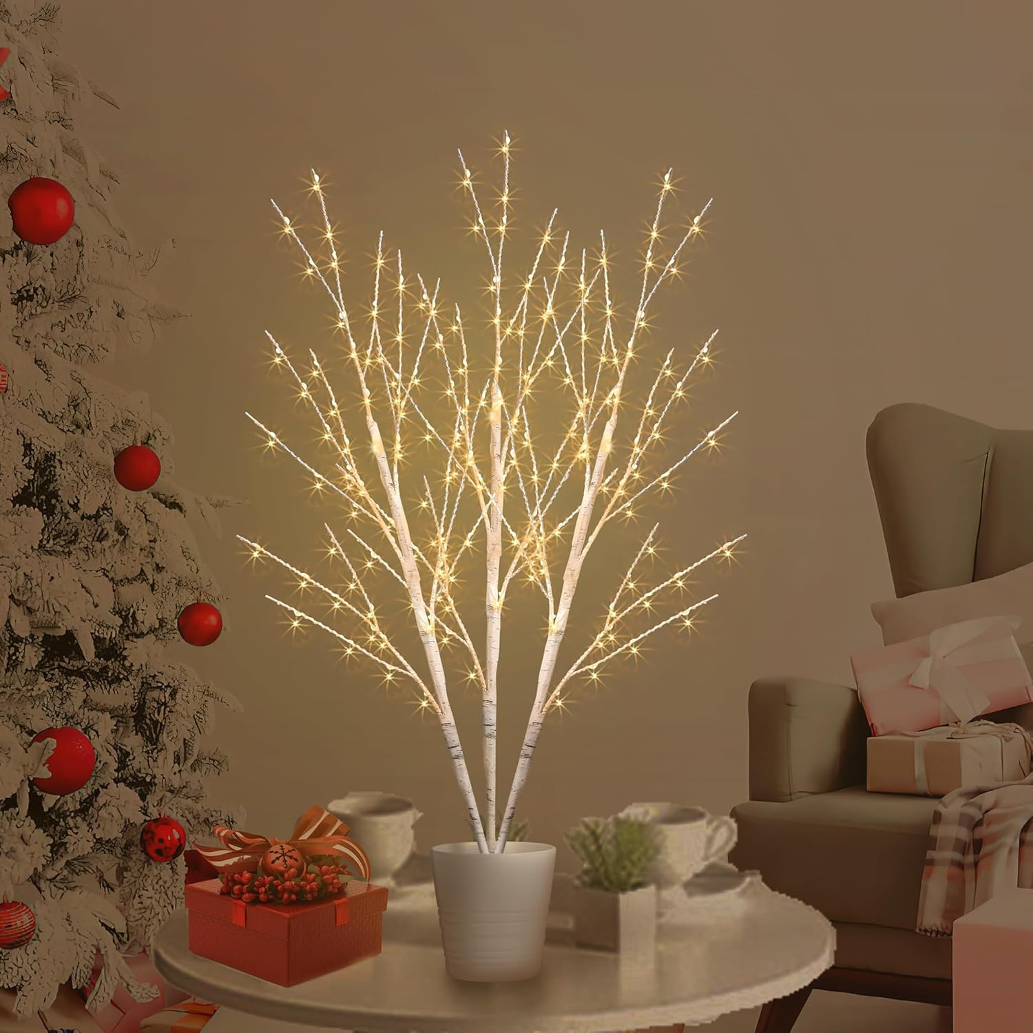 33″ Birch LED Light Tree 180 Lights Twinkling Branch Table Decor With Timer