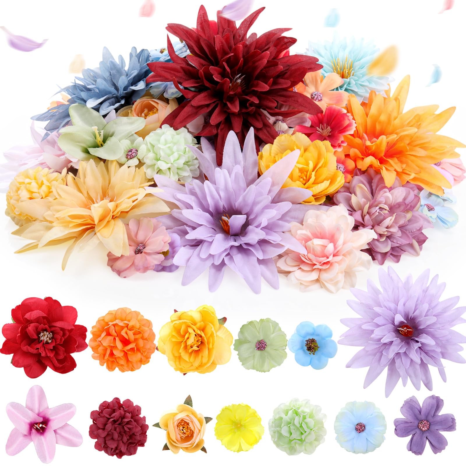 80 PCS Assorted Color Fake Flower Heads Bulk Artificial Silk Faux Daisy Peony