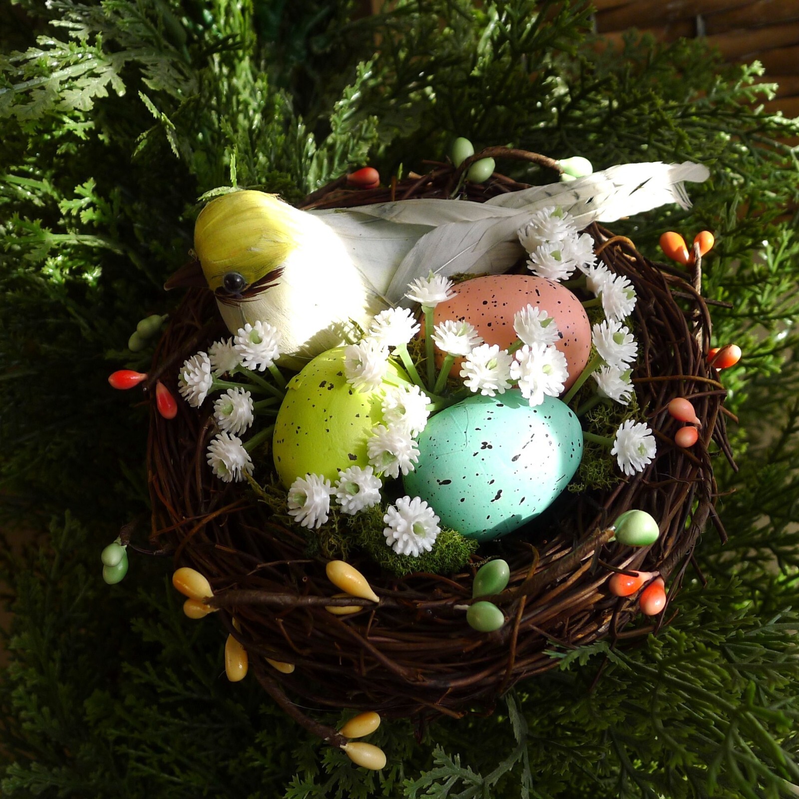Bird’s Nest Spring Decor with Eggs, Berries, Baby’s Breath Handmade for Tabletop
