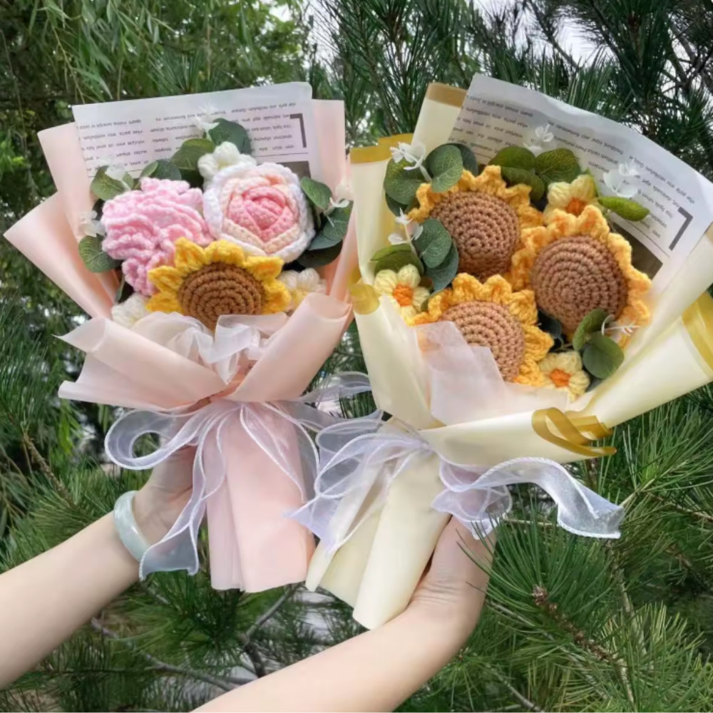 💖Crochet Flower Bouquet Rose Handmade Knitted Eternal Artificial Anniversary💖